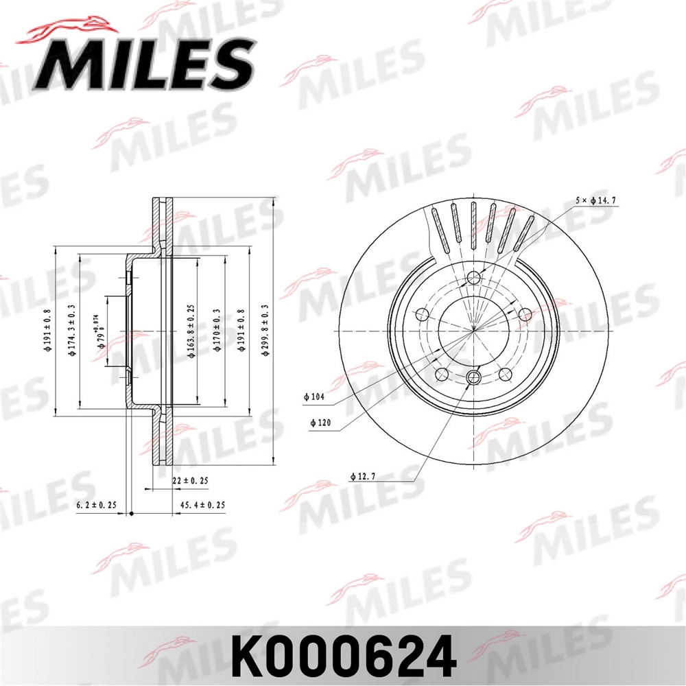 MILES K000624 Диск тормозной BMW 3 E46 318-328 98-/Z4 2.5-3.0 03- пер. D 300мм.