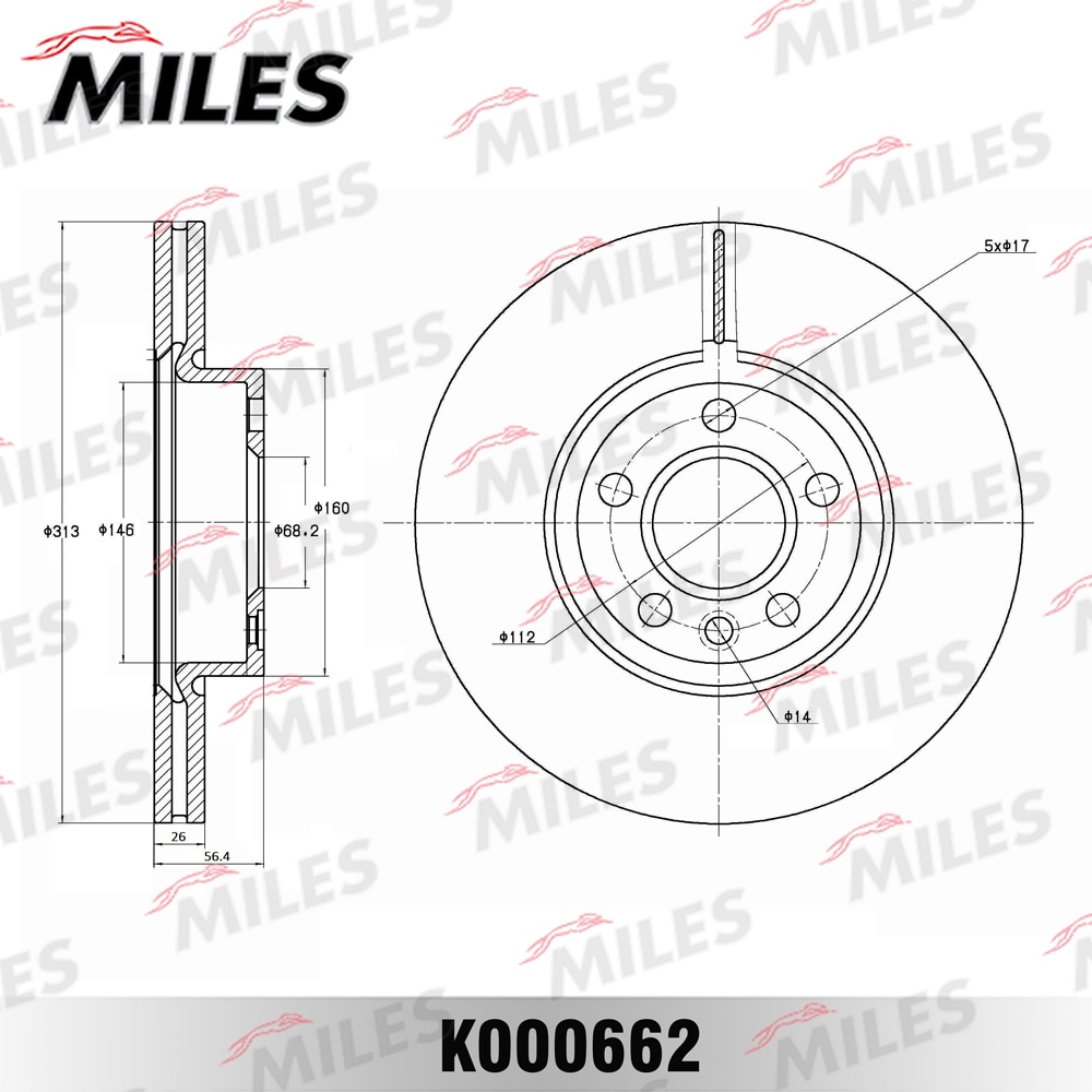 MILES K000662 Диск тормозной FORD GALAXY 95-06/VW SHARAN 95-/TRANSPORTER IV пер. D 313мм.