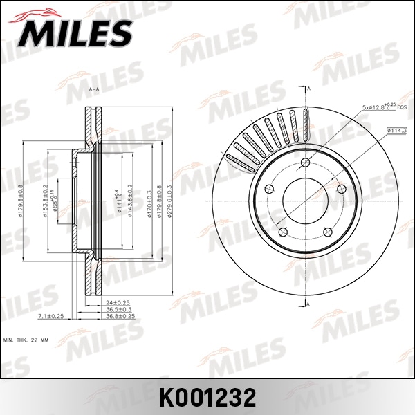 MILES K001232 Диск тормозной передний D280мм. вентилируемый NISSAN JUKE 10- (TRW DF6471) K001232