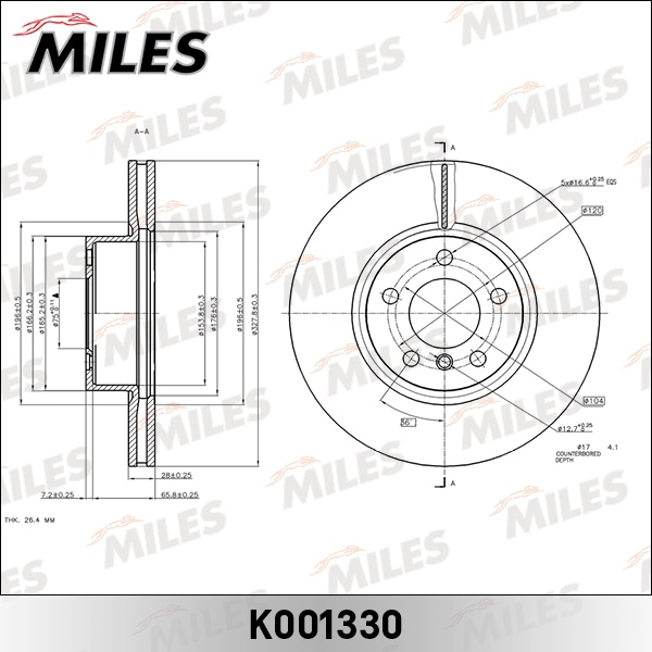 MILES K001330 Диск тормозной BMW X3 F25 10- пер.вент.D 328мм