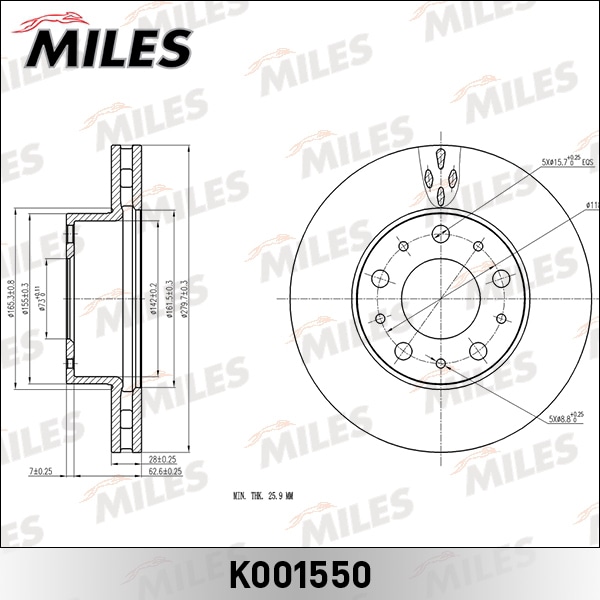 MILES K001550 Диск тормозной передний вентилируемый