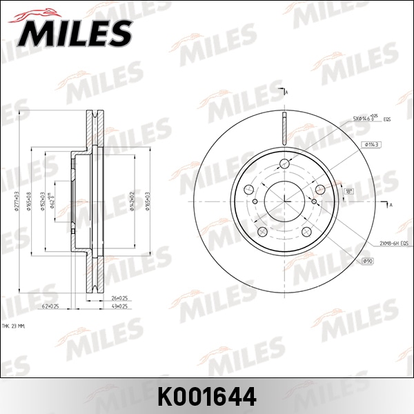 MILES K001644 Диск тормозной передний D277мм. вентилируемый TOYOTA AURIS 12-/COROLLA 11- (TRW DF6679) K001644