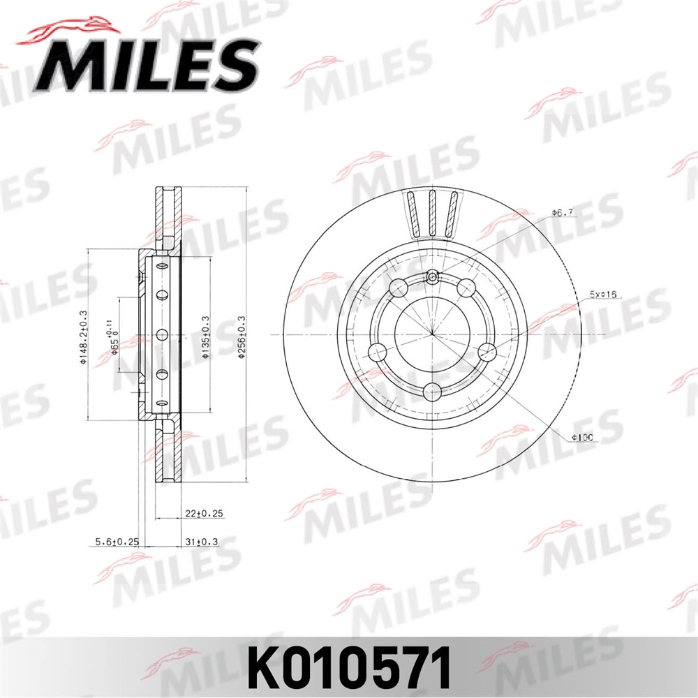MILES K010571 Диск тормозной AUDI A3/TT/SKODA OCTAVIA/VW BORA/GOLF IV/V зад.вент.D 256мм.