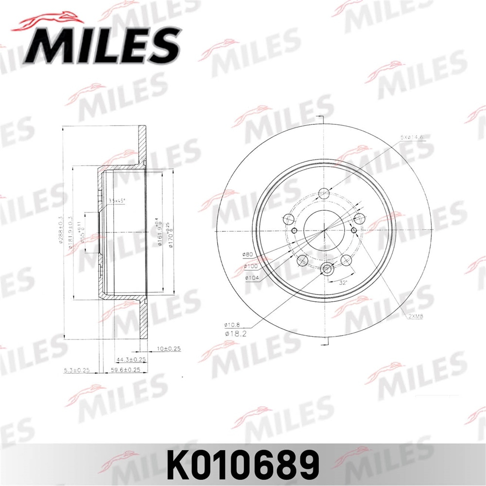 MILES K010689 Диск тормозной задний D288мм. TOYOTA AVENSIS 1.6-2.0 2000-2001 (TRW DF4480) K010689