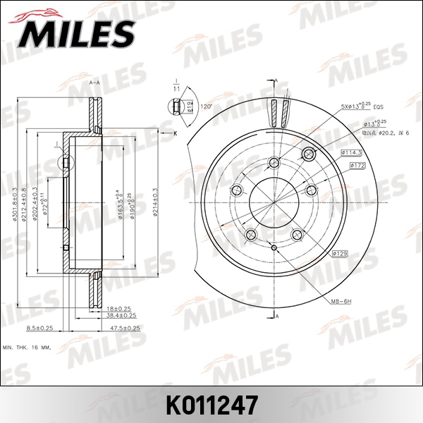 MILES K011247 Диск тормозной задний D302мм. вентилируемый MAZDA CX-7 2.3 07- (TRW DF6385) K011247