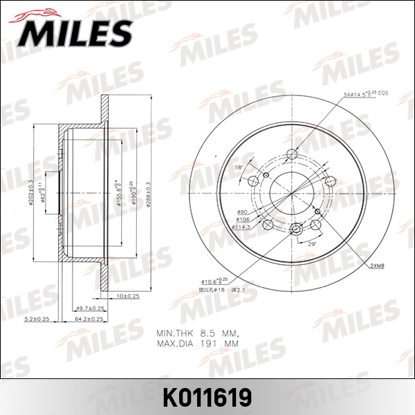 MILES K011619 Диск тормозной задний D288мм. LEXUS RX300/RX330/RX350/RX400H (TRW DF7257) K011619
