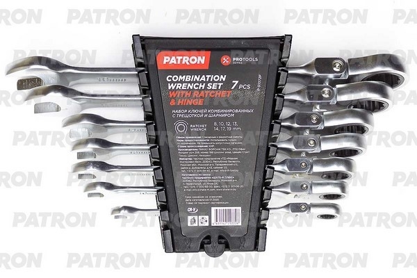 PATRON P51072F Набор ключей комбинированных с трещоткой и шарниром 7 пр: 8, 10, 12, 13, 14, 17, 19 мм, в пласт. держателе
