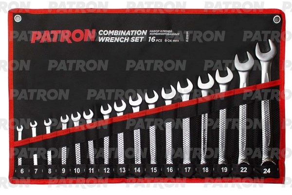 PATRON P5161M Набор ключей комбинированных 16 пр: 6, 7, 8, 9, 10, 11, 12, 13, 14, 15, 16, 17, 18, 19, 22, 24 мм, на полотне