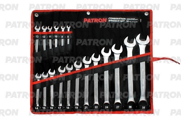 PATRON P5181 Набор ключей комбинированных 18 пр: 8, 9, 10, 11, 12, 13, 14, 15, 16, 17, 18, 19, 21, 22, 24, 27, 30, 32 мм, на полотне