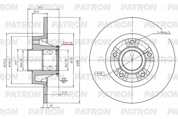 PATRON PBD1243 Диск тормозной зад. OPEL Vivaro / RENAULT Trafic II / NISSAN Primastar 1.8-2.4 01-
