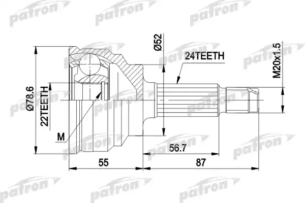 PATRON PCV1024 ШРУС наружн к-кт 24x52x22 MAZDA: 323 80-10/89, 1.7D универсал -03/93, 121 1.1 10/87-10/90, РКПП, без ABS