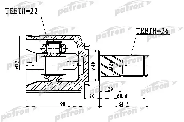 PATRON PCV1028 ШРУС внутренний 22x40x26 NISSAN MICRA C+C (CK12E) 05-, NISSAN NOTE E11E 05-12, NISSAN TIIDA C11 05-12