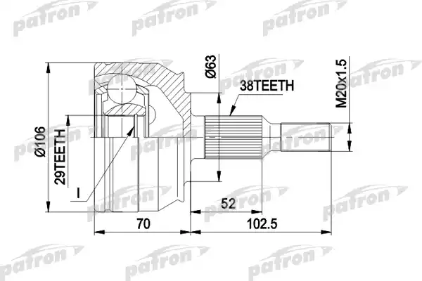 PATRON PCV1033 ШРУС наружн к-кт 38x63x29 VW: MULTIVAN V 03-, TRANSPORTER V c бортовой платформой 03-, TRANSPORTER V фургон 03-