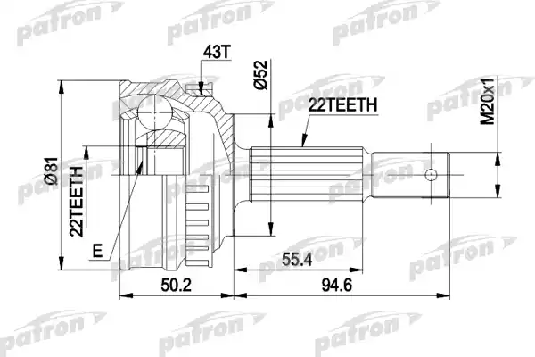 PATRON PCV1057 ШРУС наружн к-кт 22x52x22 ABS:43T OPEL: VECTRA 1.4/1.6 с и без ABS 10.88-7.91