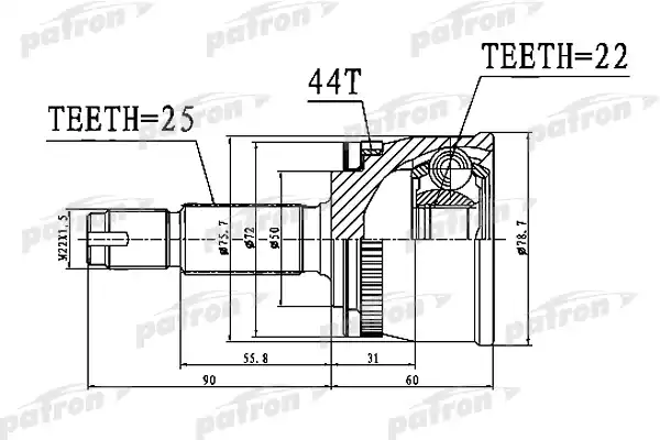 PATRON PCV1111 ШРУС наружный с кольцом ABS 22x50x25 ABS:44T KIA CERATO I 04-09, SPECTRA 04-09