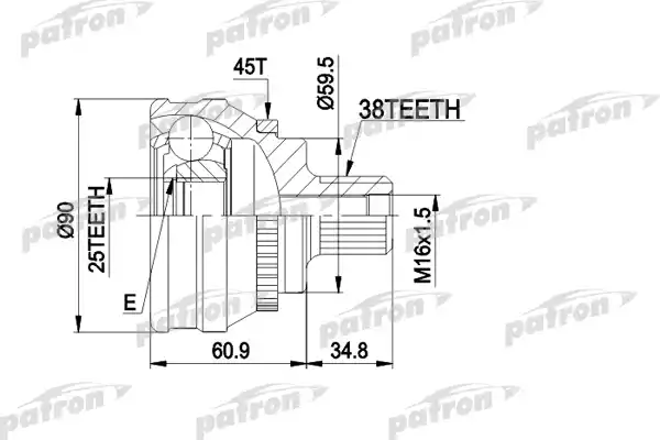 PATRON PCV1121 ШРУС наружн к-кт 38x59.5x25 ABS:45T AUDI: 80/90 QUATTRO 2.0-2.8 2.93-, AUDI: 100 03/83-11/90, с ABS 45
