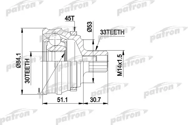 PATRON PCV1122 ШРУС наружн к-кт 33x53x30 ABS:45T AUDI: 80 86-91, 90 2.2EQUATTRO/2.3EQUATTRO РКПП 04/87-07/91, COUPE 2.0 20v QUATTRO РКПП 08/89-07/91, с ABS 45