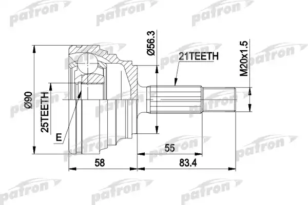 PATRON PCV1204 ШРУС наружн к-кт 21x56.2x25 RENAULT: 19 I 89-92, 19 I Cabriolet 91-92, 19 I Chamade 89-92, 19 II 92-95, 19 II Cabriolet 92-96, 19 II Chamade 92-95