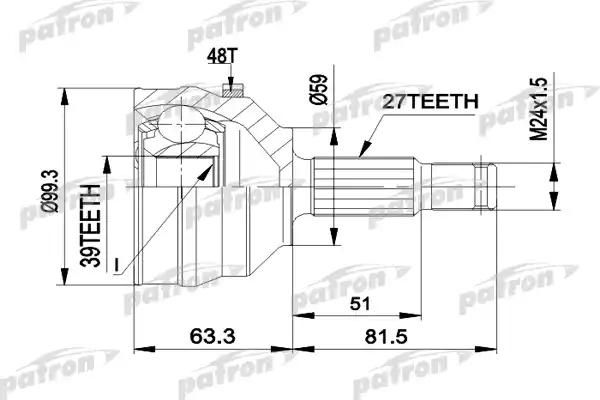 PATRON PCV1224 ШРУС наружн к-кт 27x59x39 ABS:48T CITROEN: EVASION 94-02, JUMPY 94 -, JUMPY фургон 94-, FIAT: SCUDO 96 -, ULYSSE 94-02, LANCIA: ZETA 95-02