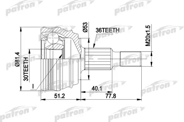 PATRON PCV1241 ШРУС наружн к-кт 36x53x30 AUDI: A3 1.6 09/96-08/00, 08/00-, SEAT: TOLEDO 1.4 16v / 1.6 99-, SKODA: OCTAVIA 1.4 / 1.4 16v/1.6 96-, 00-, VW: BORA 1.4 16v/1.6