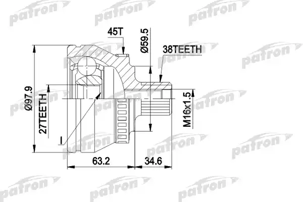 PATRON PCV1267 ШРУС наружн к-кт 38x59.5x27 ABS:45T AUDI:A4/A6/A8 2.4/2.6/2.7T/2.8/4.2/2.5TDI 94-01,SKODA: SUPERB 1.9TDI/2.5TDI 02-,PASSAT 1.9TDI/2.5TDI/2.8 V6/2.3 V5/2.8/