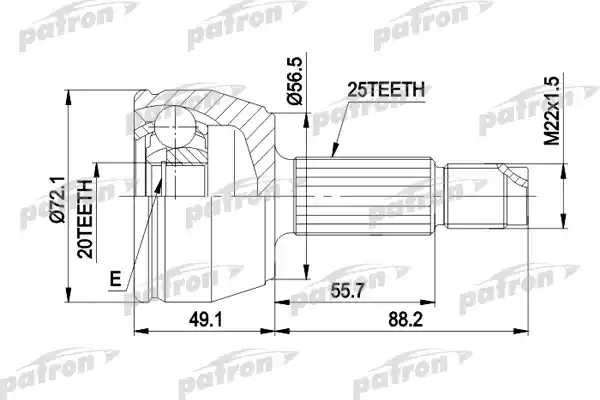 PATRON PCV1283 ШРУС наружн к-кт 25x56.5x20 FORD: FIESTA IV 1.3 08/95-01/02, KA 1.3 09/96-, MAZDA: 121 1.3 03/96-, РКПП