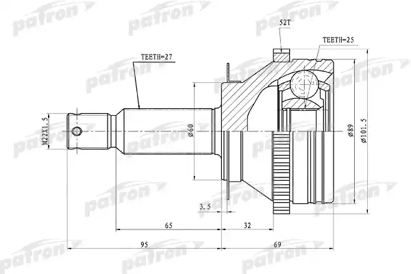PATRON PCV1350 ШРУС наружный с кольцом ABS задний 27x58.8x25 ABS:52T HYUNDAI SANTA FE (BB) 00-06