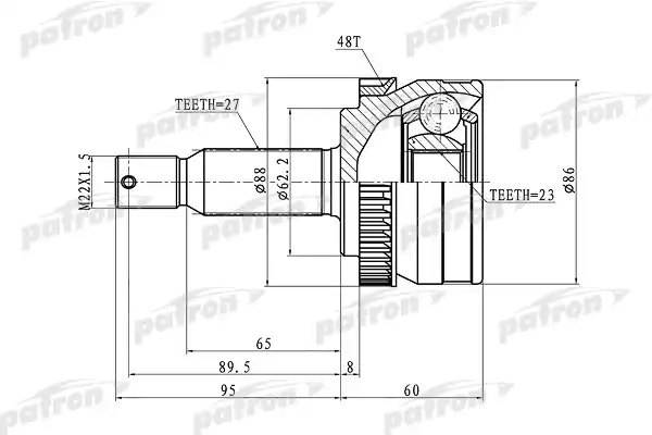 PATRON PCV1352 ШРУС наружный с кольцом ABS 27x62.2x23 ABS:48T HYUNDAI TUCSON 04-10