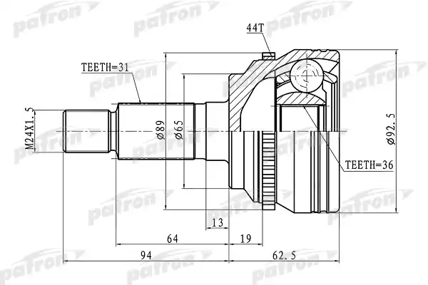 PATRON PCV1366 ШРУС наружный с кольцом ABS 31x65x36 ABS:44T MAZDA CX-7 08.01.2008-