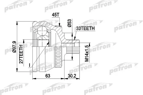 PATRON PCV1381 ШРУС наружн к-кт 33x53x27 ABS:45T AUDI: A4 1.9TDI 03/00-09/01, A6 1.9TDI 07/00-, SKODA: SUPERB 1.9TDI 08/02-, VW: PASSAT 1.9TDI 08/98-, с ABS 45