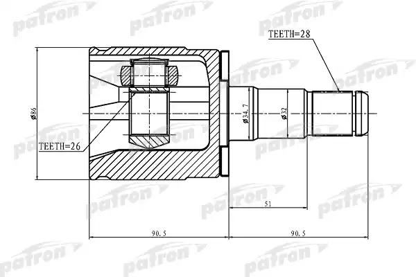 PATRON PCV1402 ШРУС внутренний левый 28x34.7x26 MITSUBISHI PAJERO II V14W-V55W 1991-04