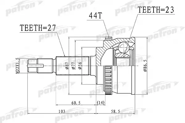 PATRON PCV1415 ШРУС наружный с кольцом ABS 27x56x23 ABS:44T NISSAN PRIMERA P12 01-07