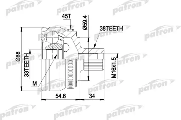 PATRON PCV1435 ШРУС наружн к-кт 38x59.5x33 ABS:45T AUDI: A4 00-04, A4 Avant 01-04, A4 кабрио 03-
