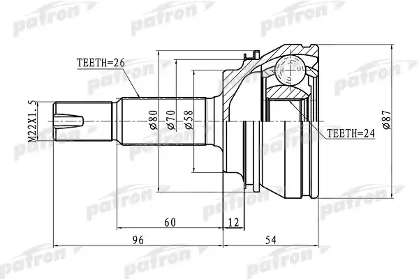 PATRON PCV1441 ШРУС наружный (без ABS) 24x58x26 TOYOTA COROLLA CE120/NZE120 00-06