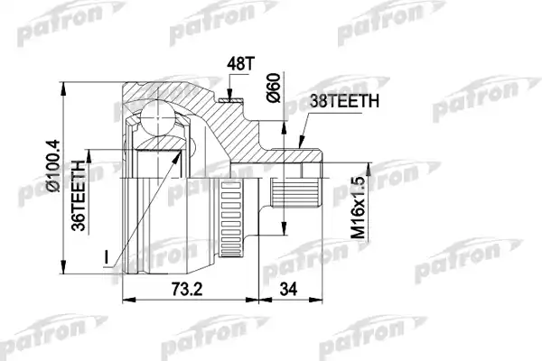 PATRON PCV1444 ШРУС наружн к-кт VW: SHARAN 95-, 00-, FORD: GALAXY 95-, 00-, SEAT: ALHAMBRA 96-, 00-, с ABS 48