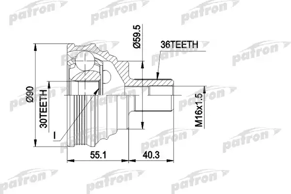 PATRON PCV1467 ШРУС наружн к-кт 36x59.5x30 AUDI: A3 03 -, A3 Sportback 04 -, SEAT: ALTEA 04 -, TOLEDO III 04 -, SKODA: OCTAVIA 04 -, VW: CADDY III универсал