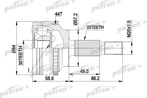 PATRON PCV1542 ШРУС наружн к-кт 23x57.5x30 ABS:44T RENAULT: KANGOO 1.2 16V/1.5 dCi/1.5 dCi/1.5 dCi 97-, MEGANE Classic1.9 D/1.9 TDI/1.9dCi/1.9dT/, Logan
