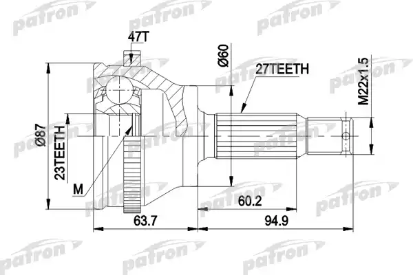 PATRON PCV1617AR ШРУС наружн лев к-кт [A:27 B:23 D:60 ABS:47] HYUNDAI: SONATA III, IV 06.98-11.05  ЛЕВЫЙ