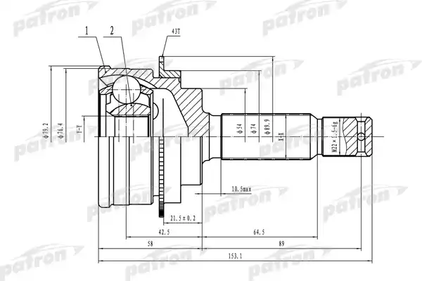 PATRON PCV1639 ШРУС наружн к-кт 25x54x29 ABS:43T MITSUBISHI: Colt V, Lancer VI 96-05, MITSUBISHIPajero Pinin 1.8-2.0 99-07
