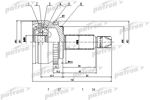PATRON PCV1808 ШРУС наружный с кольцом ABS 27x60x24 ABS: 46T KIA Soul (AM) 1.6 CRDi [D4FB] 115 л.с. Дизель 2009 -