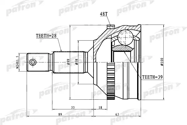 PATRON PCV3083 ШРУС наружн[A:28, B:39, D:58, ABS:48] Citroen XM, Peugeot: 605 2.0/T, 2.5TD, 3.0V6, 607 2.0/HDI, 2.2/HDI, 3.0V6 00>