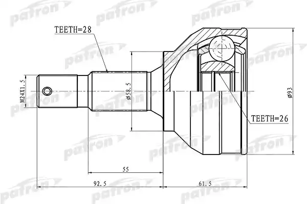 PATRON PCV3115 ШРУС наружн [A:28, B:26, D:93] Citroen: C5 08> 2.0 HDi 100KW AT