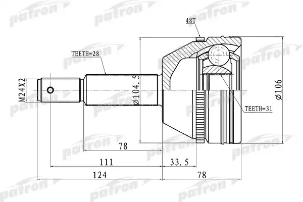 PATRON PCV3237 ШРУС наружн к-кт [A:28, B:31, D:106, ABS:48] FORD: Transit 2.2 TDCI 06> 6MT