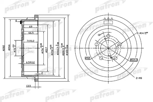 PATRON PDR1003 Барабан тормозной задн CHRYSLER: Town & Contry, Voyager 00-03   DODGE: Caravan, Grand Caravan 01-03 - обод 15
