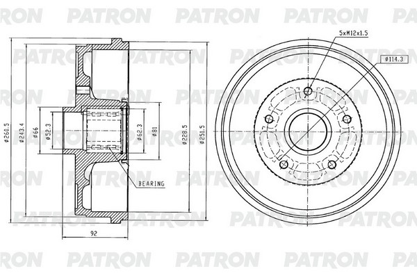 PATRON PDR1014 Барабан тормозной RENAULT Duster 4x2 / Kaptur 1,6 (+ подшипник,+ кольцо ABS)