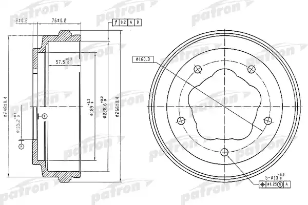 PATRON PDR1062 Барабан тормозной задн FORD: P 100 II 87-, TRANSIT c бортовой платформой 85-92, TRANSIT автобус 85-92, TRANSIT фургон 85-92