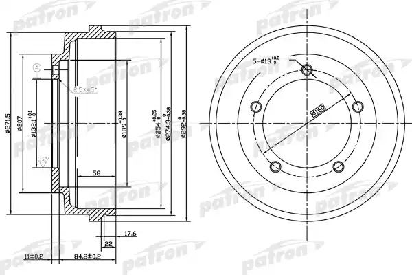 PATRON PDR1067 Барабан тормозной задн FORD: TRANSIT c бортовой платформой 91-, TRANSIT автобус 91-, TRANSIT автобус 00-, TRANSIT фургон 91-00