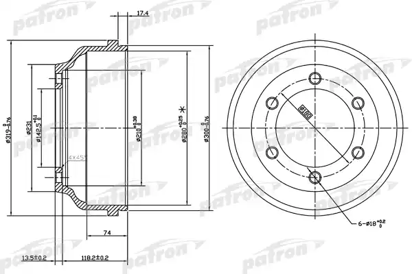 PATRON PDR1068 Барабан тормозной задн FORD: TRANSIT c бортовой платформой 91-, TRANSIT автобус 91-, TRANSIT автобус 00-, TRANSIT фургон 91-00