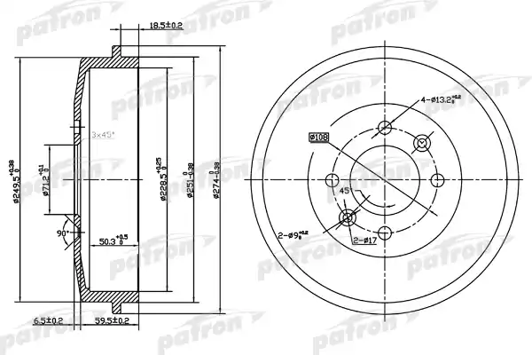 PATRON PDR1126 Барабан тормозной задн CITROEN: BERLINGO 96-, BERLINGO фургон 96-, XSARA 97-05, XSARA Break 97-05, XSARA PICASSO 00-, XSARA купе 98-05, ZX 91-97,
