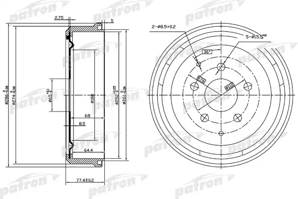 PATRON PDR1196 Барабан тормозной задн VW: TRANSPORTER II c бортовой платформой 68-79, TRANSPORTER II автобус 70-79, TRANSPORTER II фургон 70-79, TRANSPORTER III